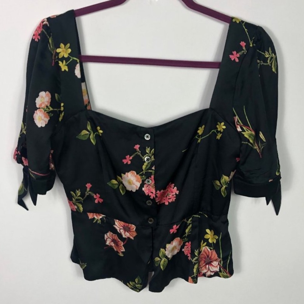 Lg Capulet Lila Puff Sleeve Black Floral Blouse Crop Silky Button Square Neck